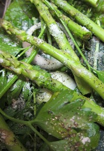 Greens, asparagus, herbs and onion with salt, pepper and a little olive oil