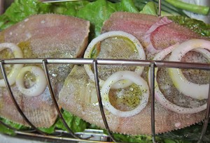 Flounder and veggies in the basket, ready to go