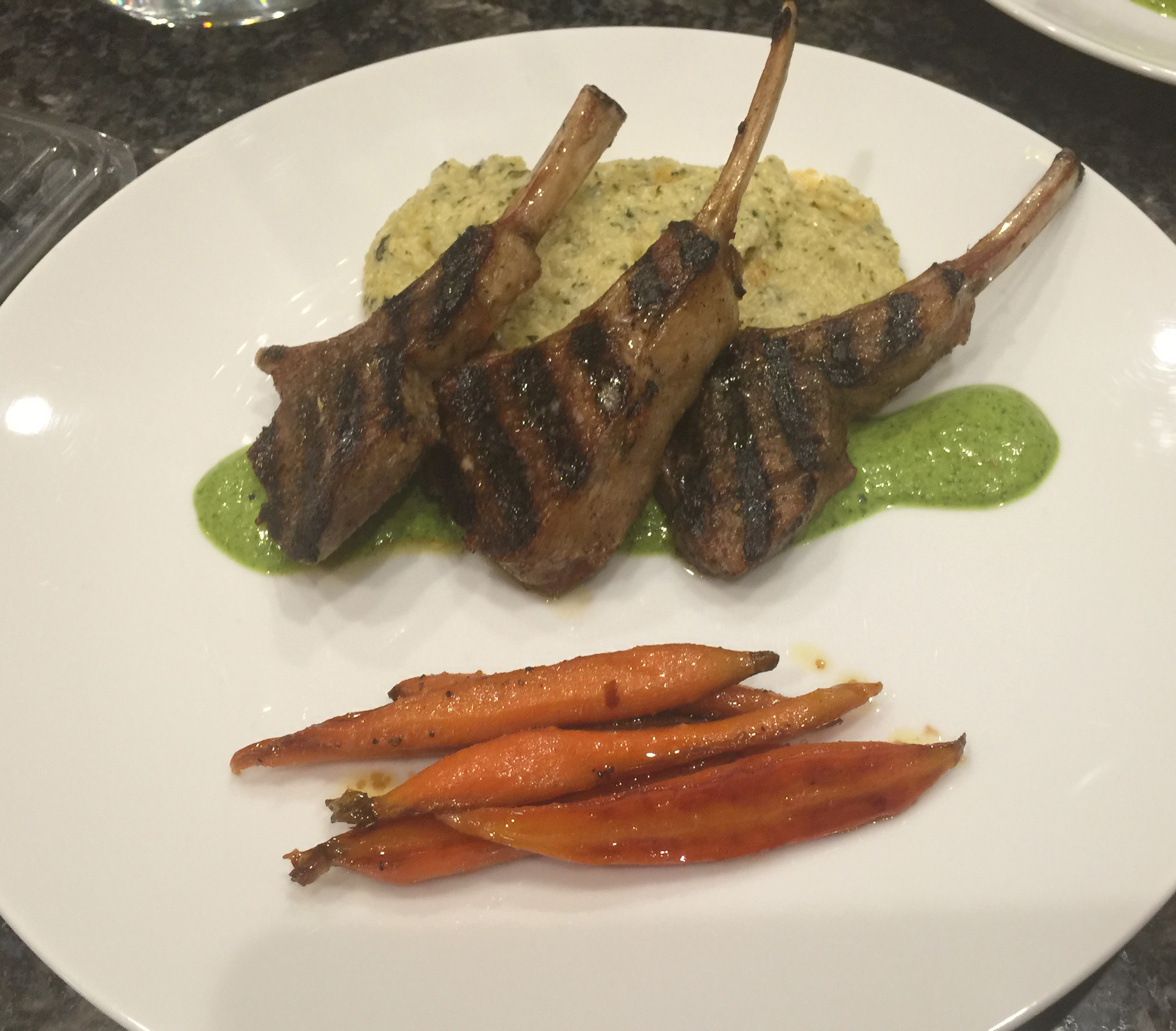 Grilled Lamb Rib Chops with Chimichurri Sauce, Creamy Polenta and Roasted Carrots