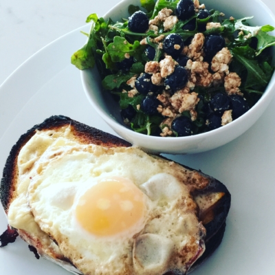 Croque Tartine Parisienne (Egg-Topped Ham and Cheese Sandwich) and Blueberry Arugula Salad