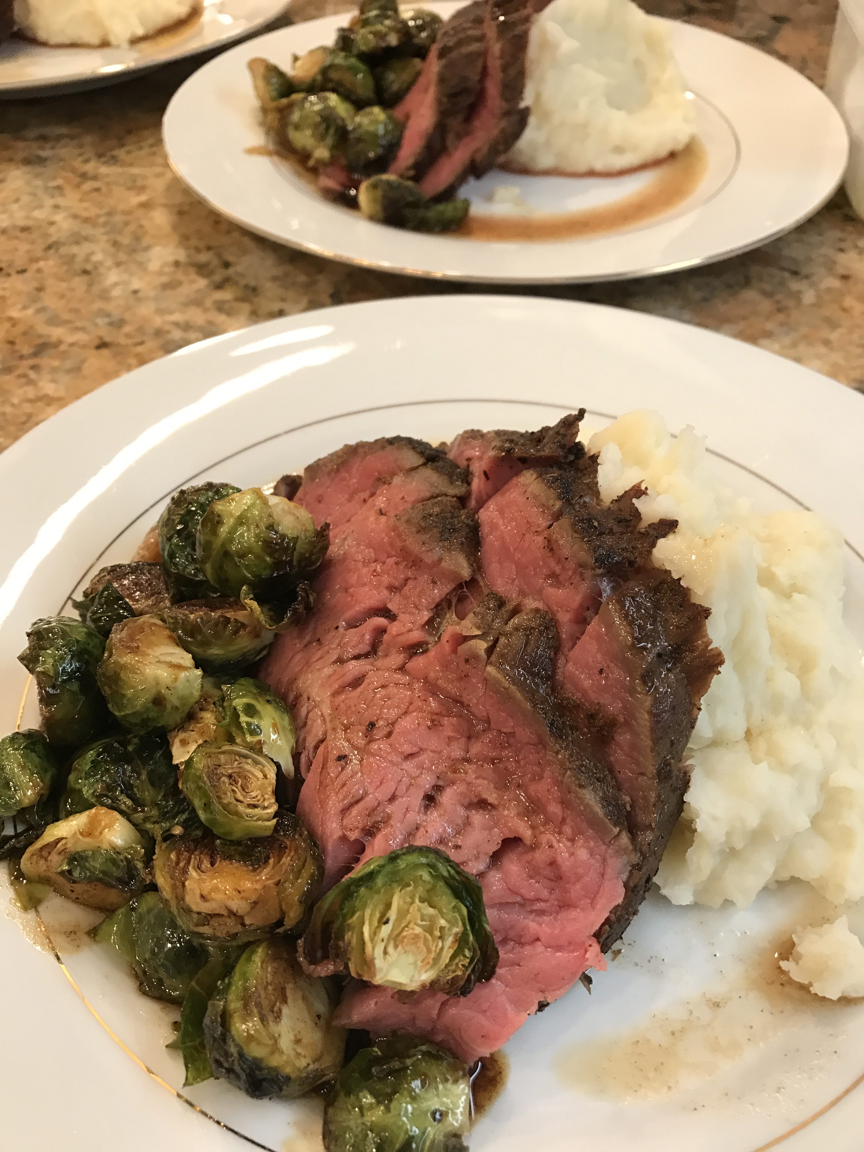 Prime Rib Toast, Mashed Potatoes and Roasted Brussels