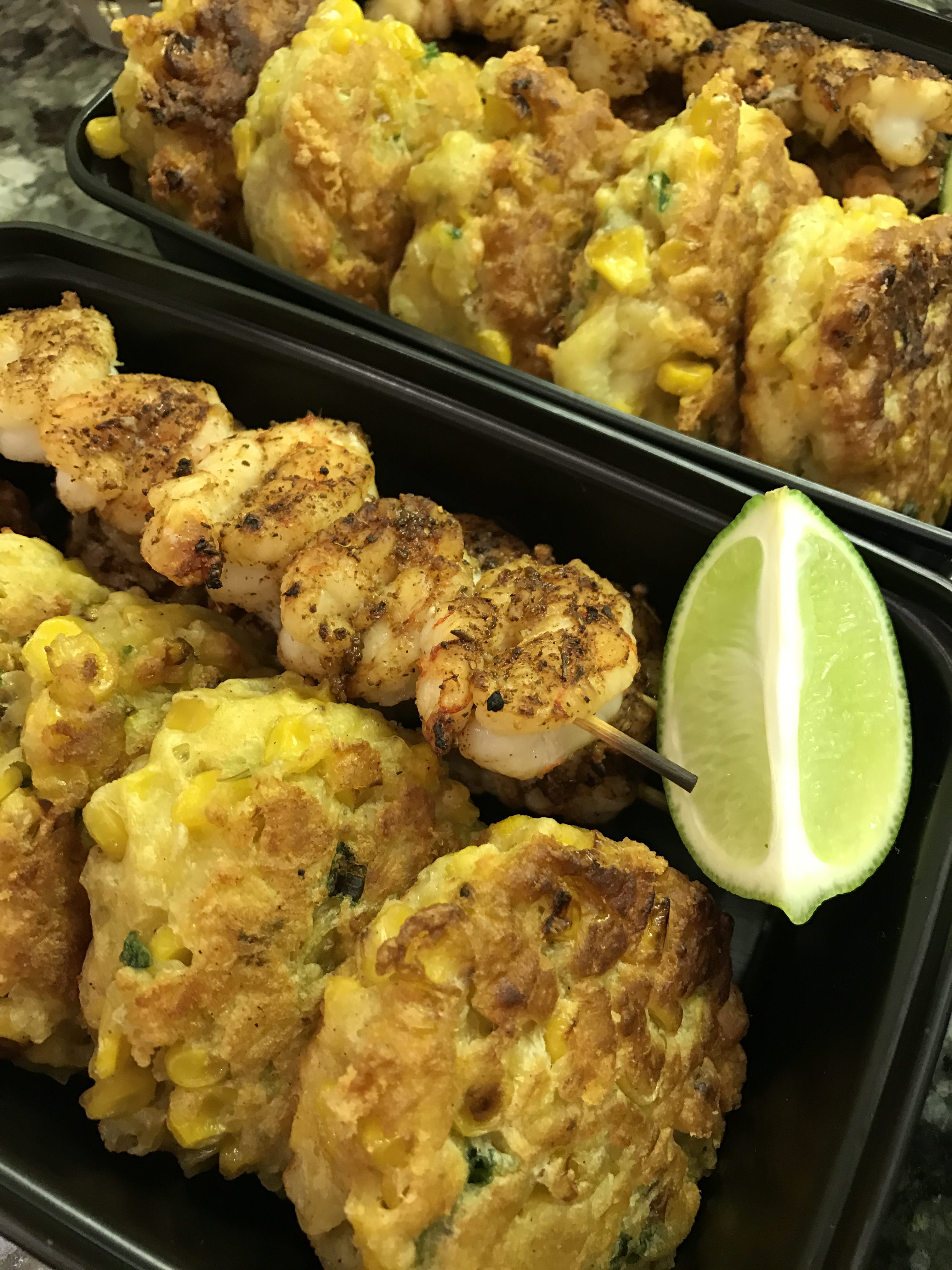 Grilled Shrimp and Mexican Street Corn Fritters