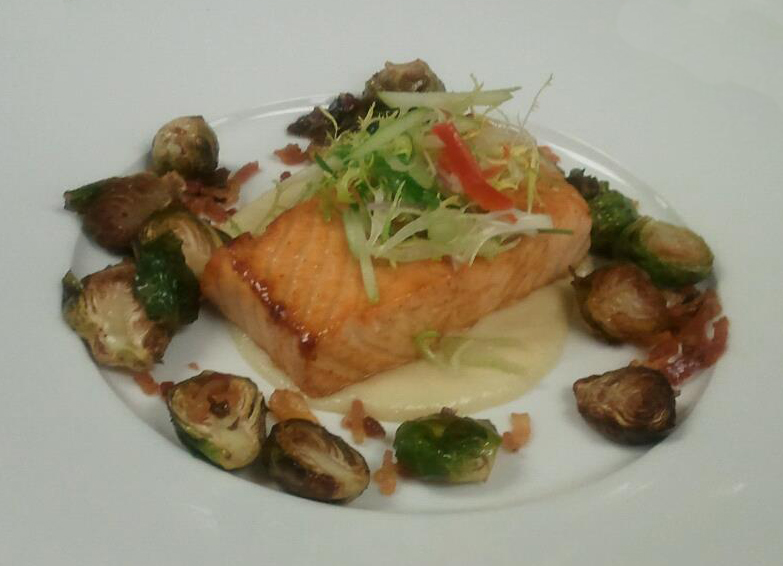 Apple Cider Glazed Salmon, Brussel Sprouts, Bacon, Parsnip Puree