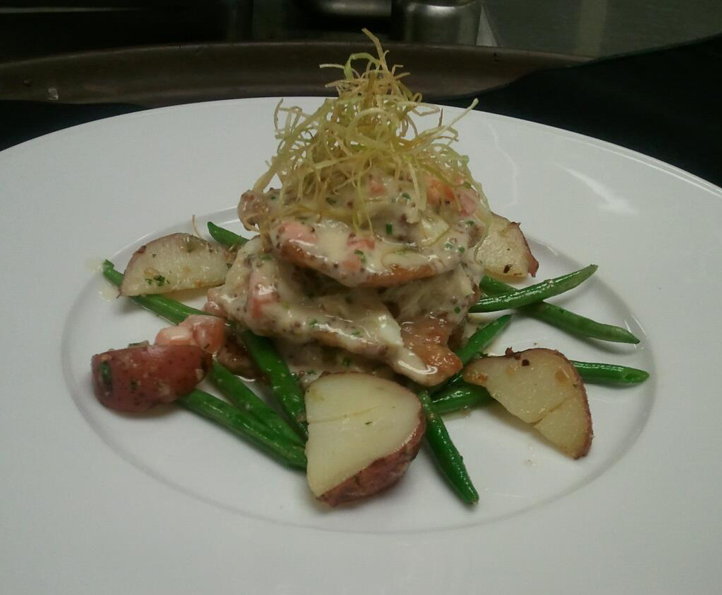 Veal Scallopini, New Potatoes, Haricot Verts, Mustard Sauce